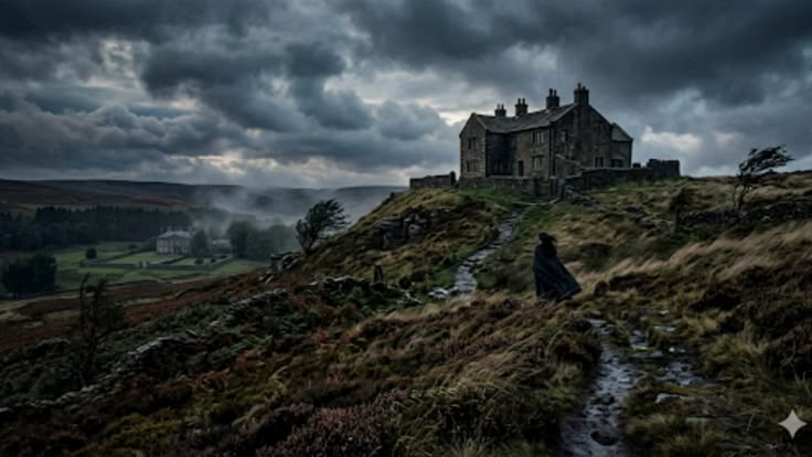 Céu-tempestuoso-casa-isolada-caminho-lamacento-figura-solitária-paisagem-melancólica